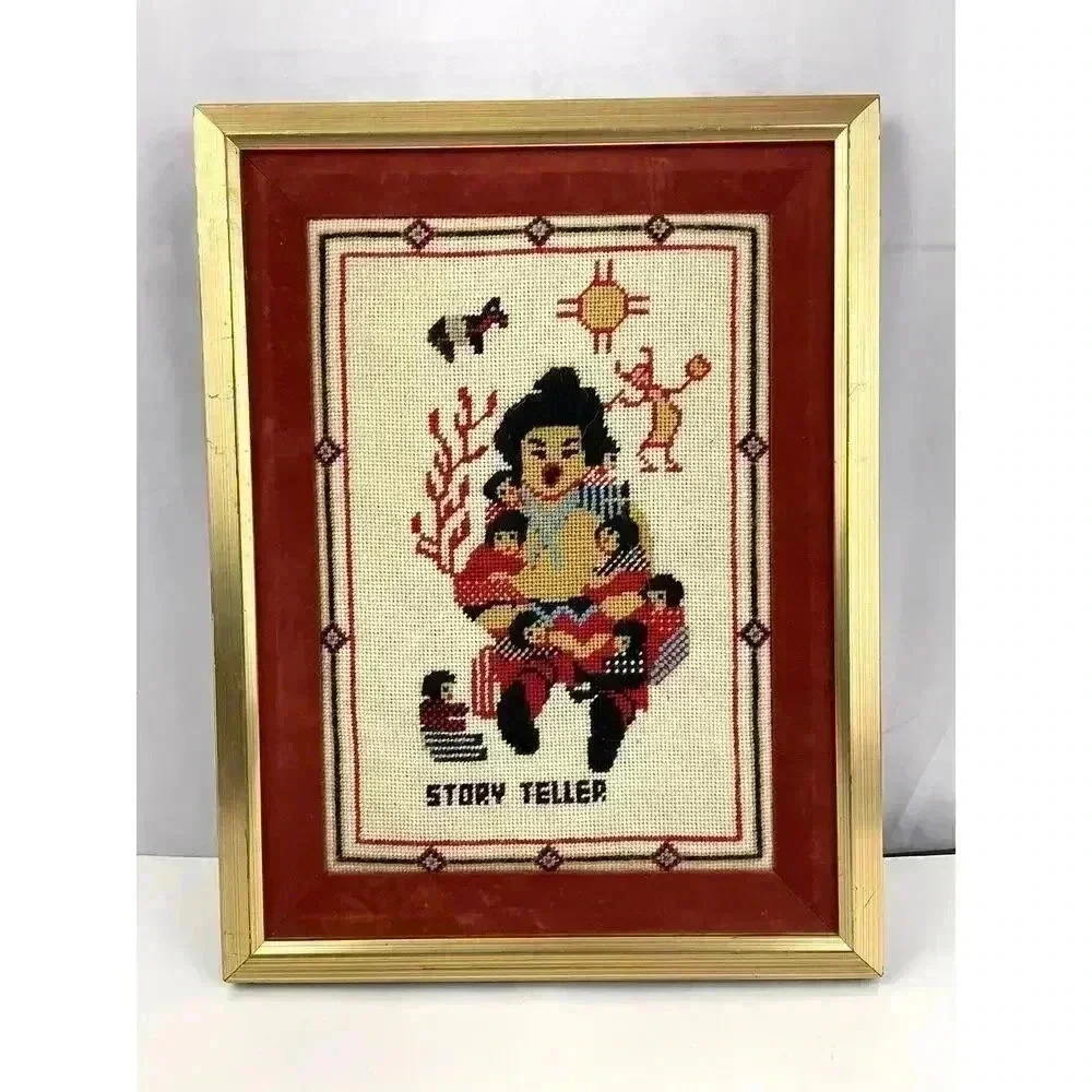 VTG 80's Storyteller Southwestern Crewel Embroidered Framed Wall Art‎ 12"x 15.5"